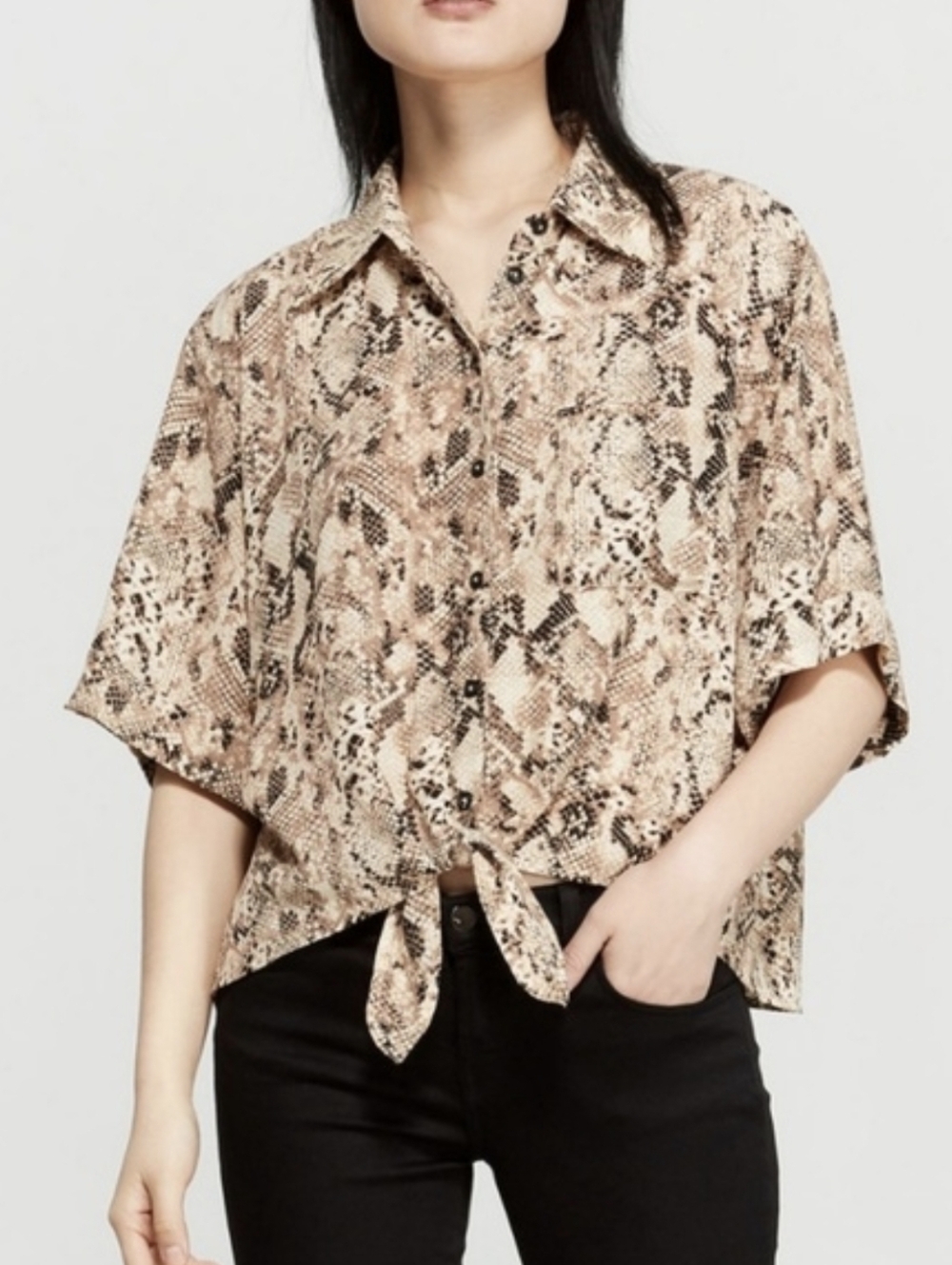 Sanctuary Modern Life Snakeskin Print Tie Front Blouse Sz Large Brown